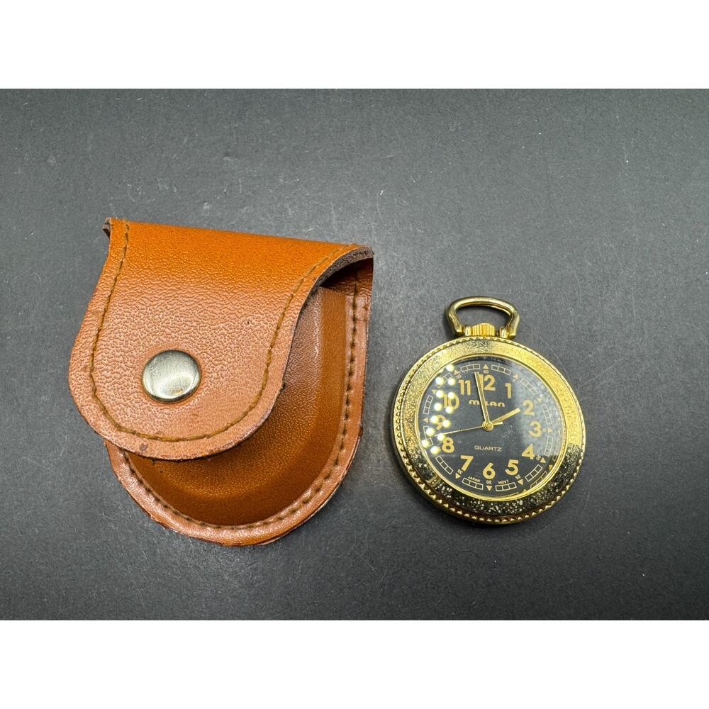 Vtg Milan Men’s Quartz Pocket Watch Black Dial w/ Leather Case 41.6mm MLN1070